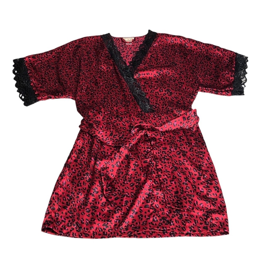 Vintage 90s Inner Most Satin Animal Print Robe M Red Mob Baddie Lace Trim Belted